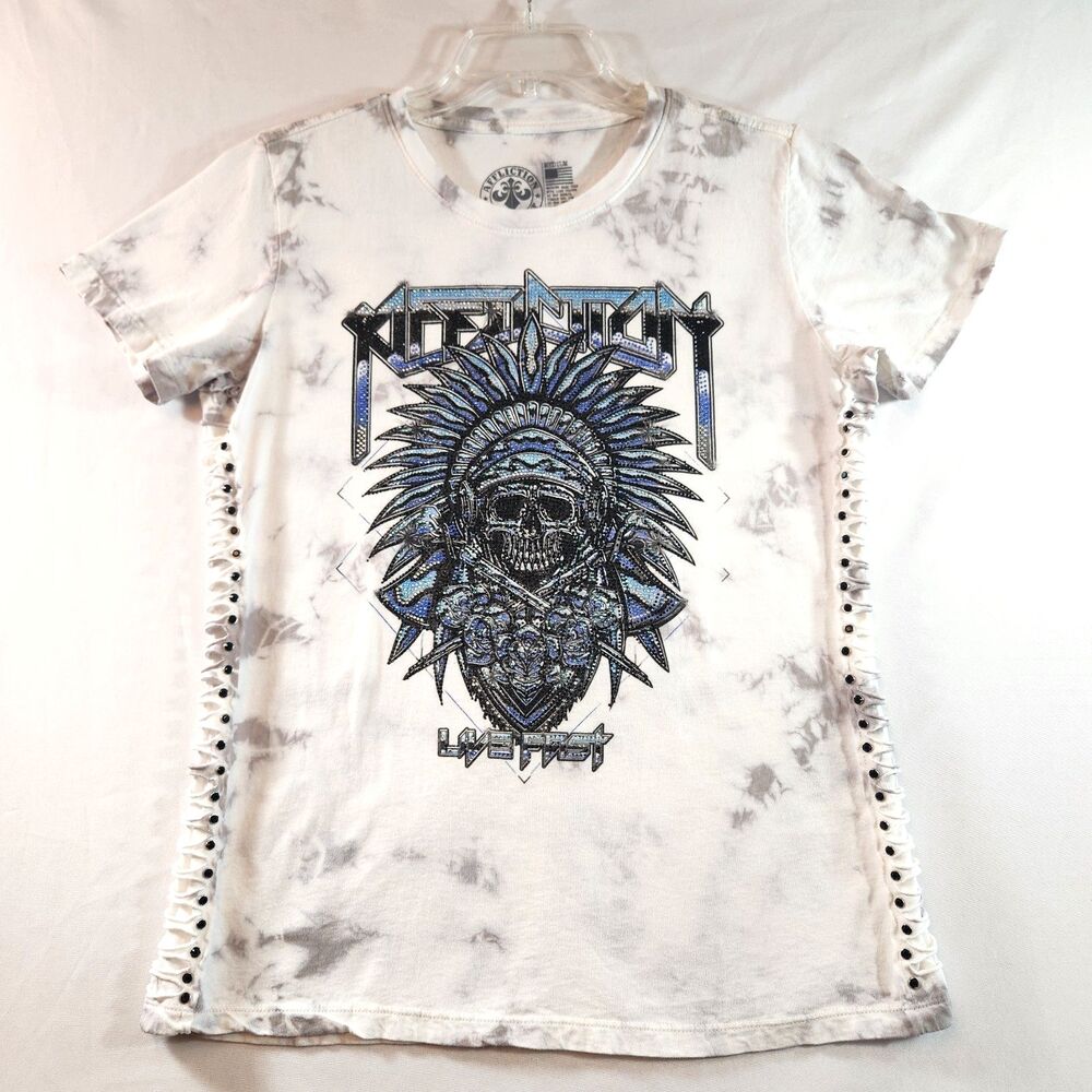 Affliction Live Fast Womens T-Shirt Med Skull Headdress Rhinestone Cut Out Sides